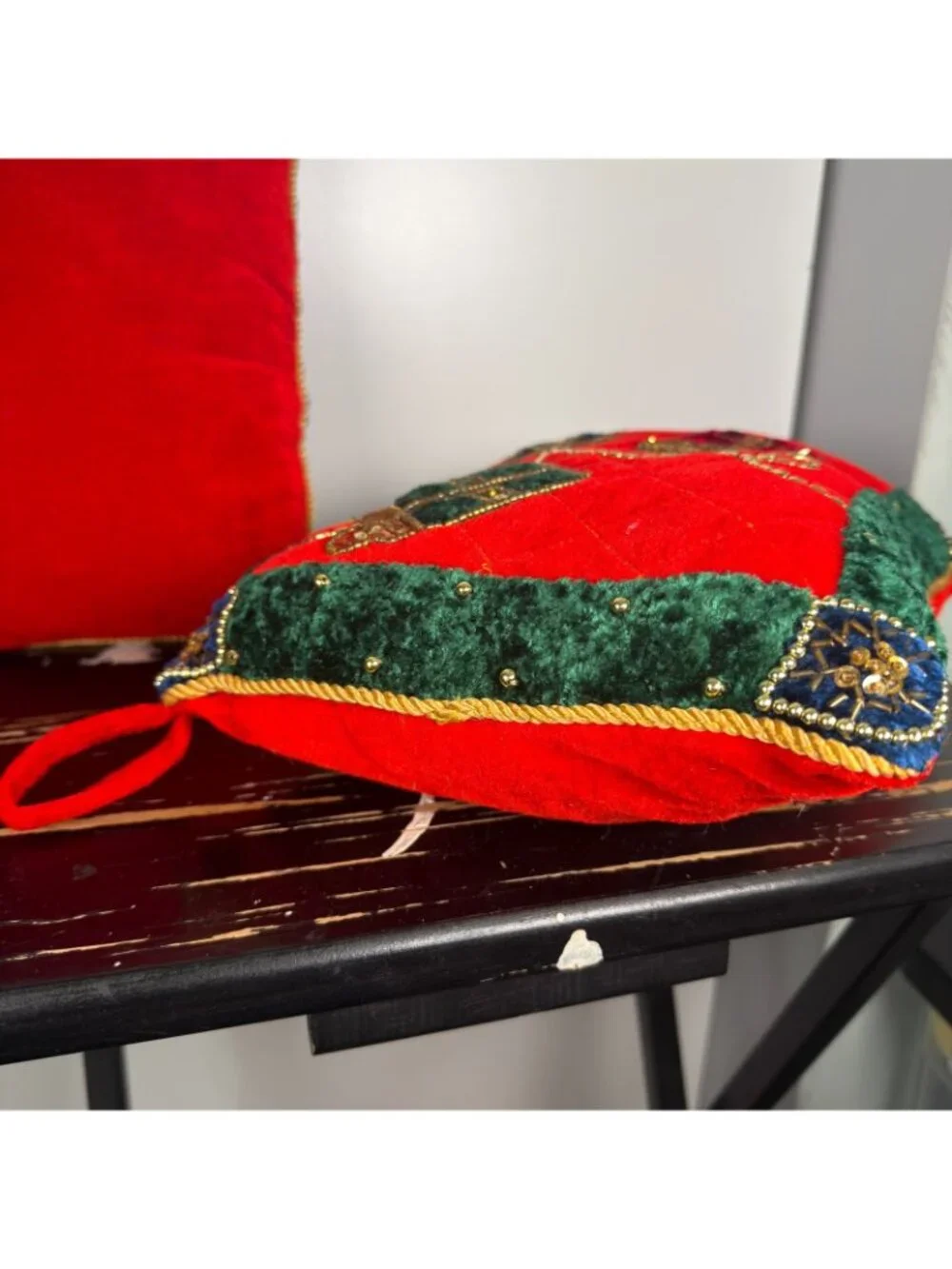 Vintage 3 crush Velvet Sequin Blue Red Green Christmas Tree Presents Pillows